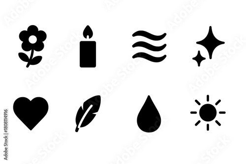 Wellness and relaxation solid icon set with candle, flower, and heart designs