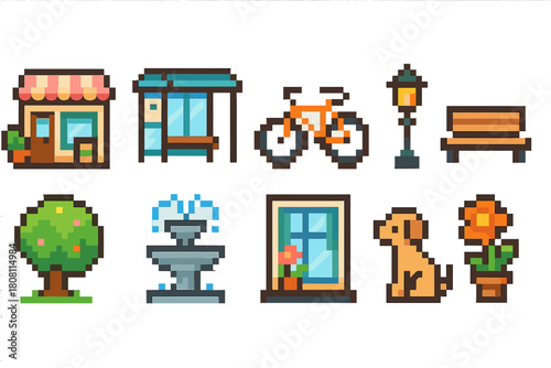 City life icon set. Urban, pixel art, outline style collection for creative projects