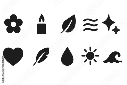 Nature and wellness solid icon set. Relaxation, health symbols solid collection
