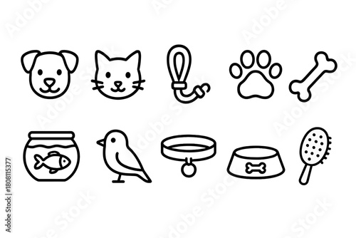 Pet silhouette icon set. Animals, care, and accessories silhouette collection