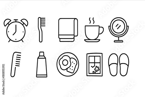 Morning routine line icon set. Alarm, toothbrush, breakfast linear symbols collection.