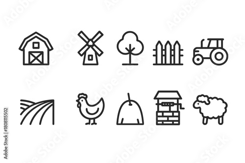 Farm tools outline icon set. Agriculture, farming icons outline collection.