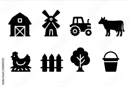 Farm, agriculture silhouette icon set. Barn, tractor, farm animals collection