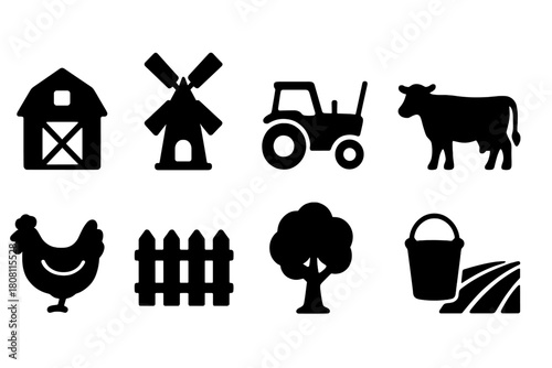 Farming, agriculture silhouette icon set. Farm, barn, tractor, animal silhouettes collection