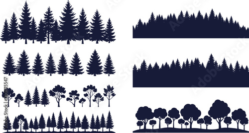 Tree silhouette collection, forest line graphics, foliage shapes, nature icons, landscape design elements, cad drawing flat vector illustration