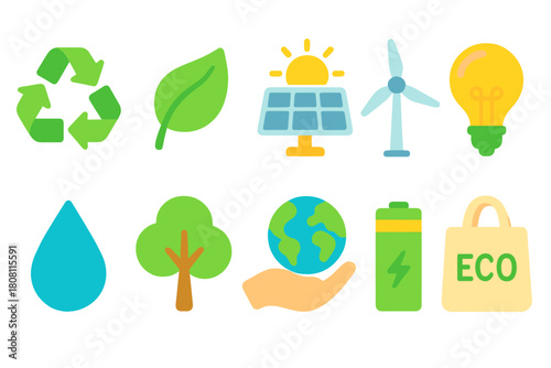Eco-friendly flat icon set. Green energy, sustainability icons flat collection