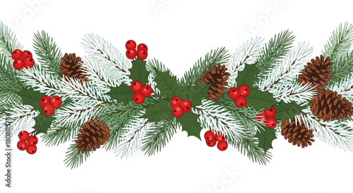 Festive Winter Garland Border with Pine Cones, Holly Berries, and Evergreen Branches for Holiday Decorations