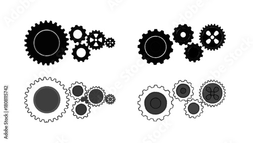 Vector illustration of set of black gear and cogwheel icons, some with distressed texture, isolated on transparent background 