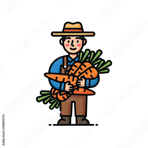 Happy Farmer Holding Fresh Carrots Vector Illustration
