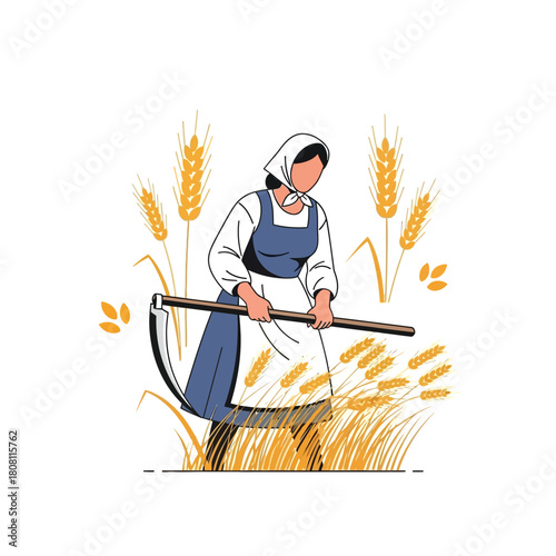 Wheat Harvesting with Scythe Woman in Field of Gold