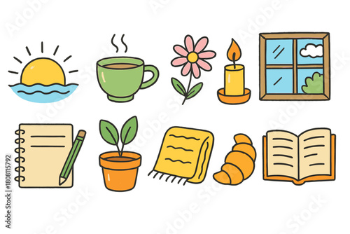 Daily life flat icon set. Everyday essentials in cheerful colors.