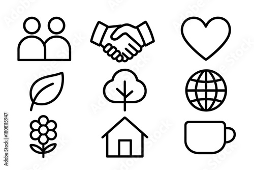 Business and ecology outline icon set. Sustainability, teamwork, global icons collection