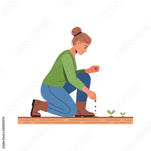 Farmer Woman Planting Seeds for Spring Garden Growth and Abundance