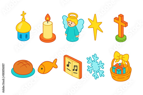 Christmas celebration flat icon set. Holiday, festive, winter, religious symbols collection