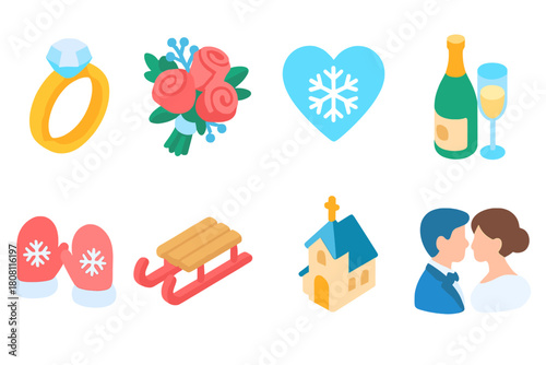 Wedding and celebration 3d icon set. Engagement, love, romance, marriage, holiday icons