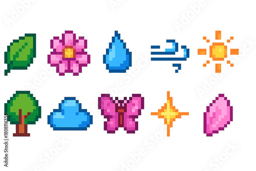 Nature, weather pixel icon set. Environment, floral, meteorology icons pixel art style