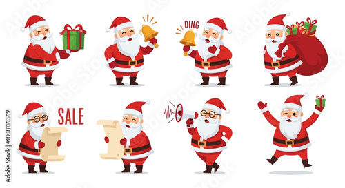 A festive collection of cartoon Santa Claus characters in various poses and actions for the holiday season
