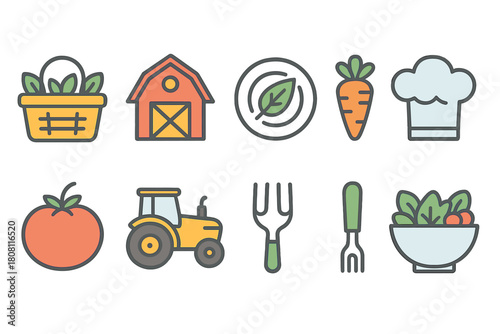 Organic farming flat icon set. Agriculture, sustainability, farm tools collection