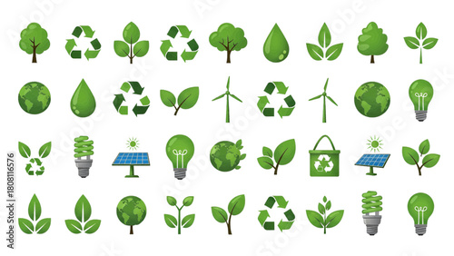 Vector illustration of ecofriendly green icons and symbols for environmental protection isolated on transparent background