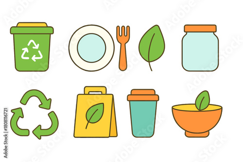 Eco-friendly, recycling flat icon set for sustainable living and zero waste concepts