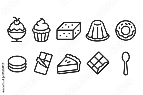 Dessert, sweets outline icon set. Cakes, chocolates, ice cream, pastry icons collection