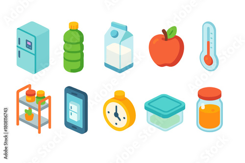 Food and kitchen isometric icon set. Cooking, grocery, temperature, storage, nutrition