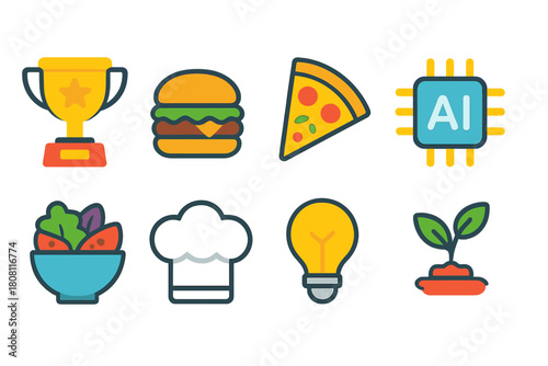 Food and technology icon set with neon glow. 3D style for gourmet tech enthusiasts