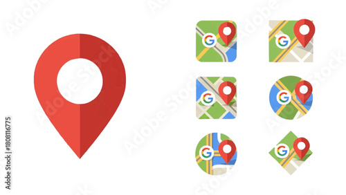 Vector illustration of set of red map pin icons and location markers on various stylized map backgrounds, navigation concept isolated on white on transparent background