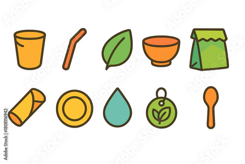 Eco-friendly, biodegradable flat icon set. Sustainable packaging and recycling symbols