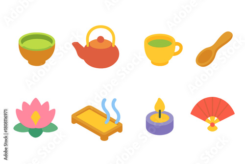 Tea ceremony flat icon set. Japanese culture and traditions vector icons collection