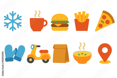Food delivery, dining flat icon set. Meal service, restaurant flat icons collection