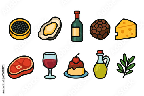 Gourmet food icon set. Wine, cheese, and gourmet ingredients icons in outline style