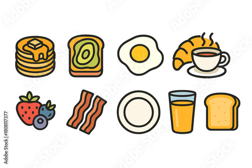 Breakfast food flat icon set. Simple morning meal icons collection for menus and apps.