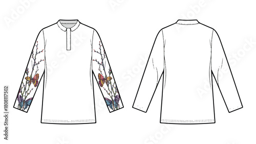 Detailed technical fashion illustration of a white garment with precise line work and color accents