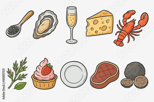 Gourmet food and drink icon set. Luxury dining outline icons collection