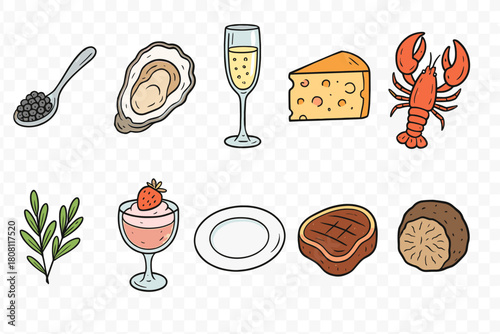 Gourmet, luxury food icon set. Delicate, flat collection of fine dining elements.