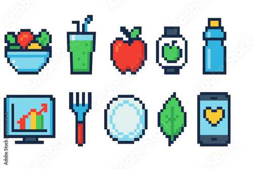 Health and fitness pixel icon set. Nutrition, exercise, healthy living pixel collection