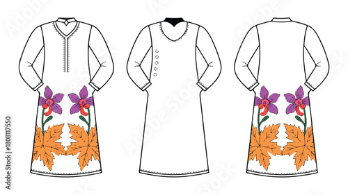 A detailed technical fashion illustration showcasing a sophisticated garment with intricate design elements and precise detailing