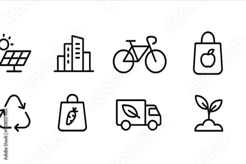 Eco-friendly, environment, sustainability linear icon set for green living initiatives