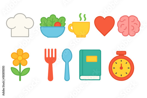 Food and health minimalist icon set. Culinary, wellness, outline icons collection