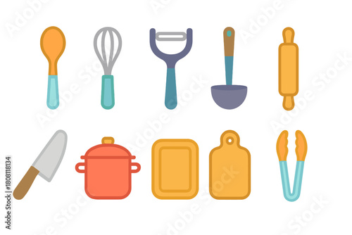 Kitchen cooking neon icon set. Bright kitchenware tools flat icon collection