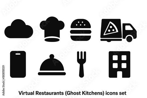 Virtual restaurants, ghost kitchens silhouette icon set for modern food delivery