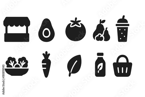 Fruit and vegetable silhouette icon set for healthy eating and market themes