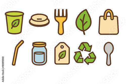 Eco-friendly, sustainable products flat icon set. Zero waste, green icons collection