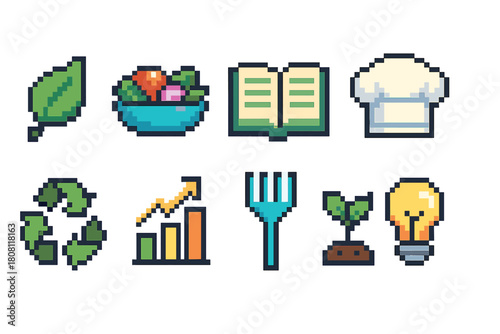 Pixel art food icon set. Culinary, organic, sustainable, gourmet icons collection