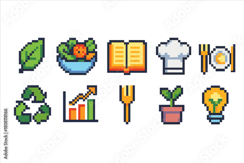 Culinary and sustainability pixel icon set. Food, cooking, eco, business icons
