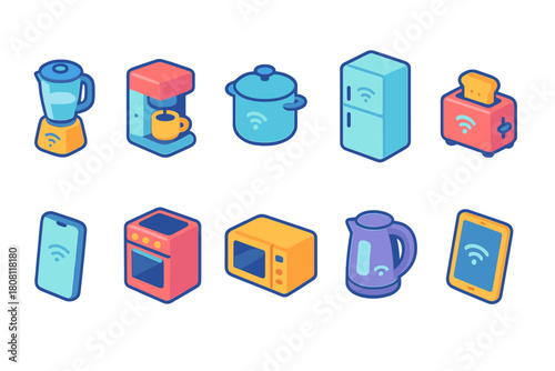 Smart home appliances icon set. Modern kitchen devices, connectivity icons in flat style.