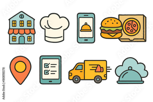 Food delivery linear icon set. Restaurant, mobile order, chef icons outline collection.
