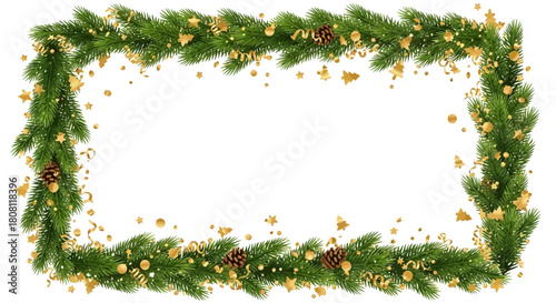 Festive rectangular frame made of Christmas tree branches, cones, and decorations on a white background