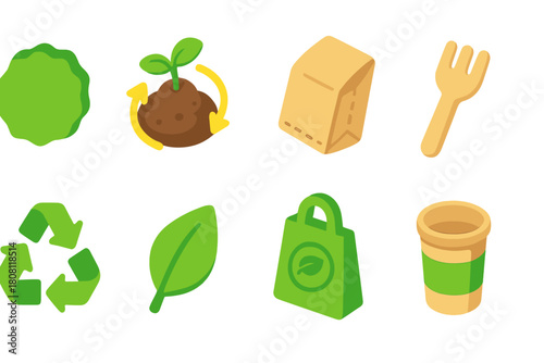 Eco-friendly, sustainable flat icon set for recycling and zero waste concepts